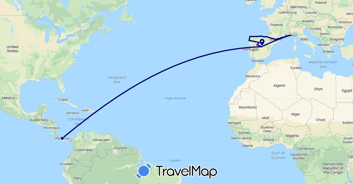 TravelMap itinerary: driving in Andorra, Spain, France, Monaco, Panama (Europe, North America)