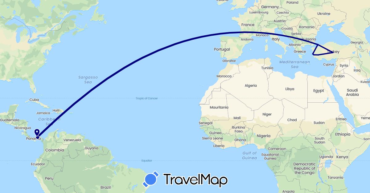 TravelMap itinerary: driving in Panama, Turkey (Asia, North America)