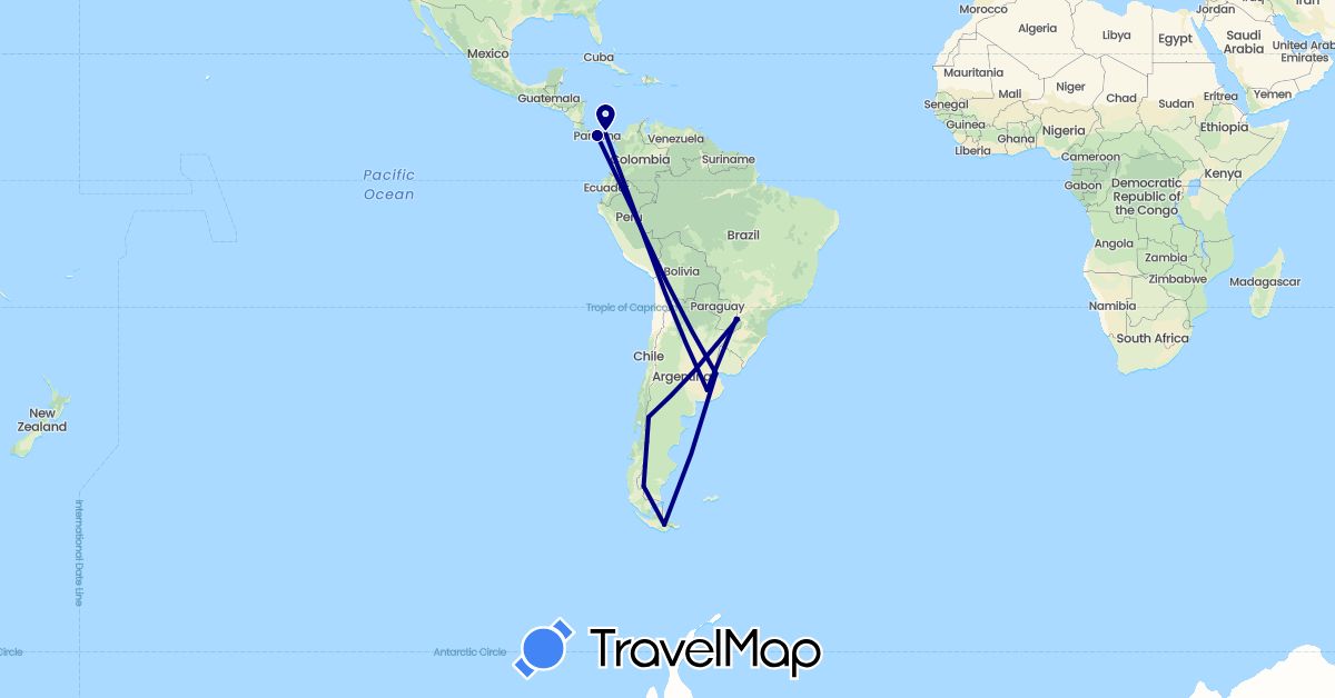 TravelMap itinerary: driving in Argentina, Brazil, Panama (North America, South America)